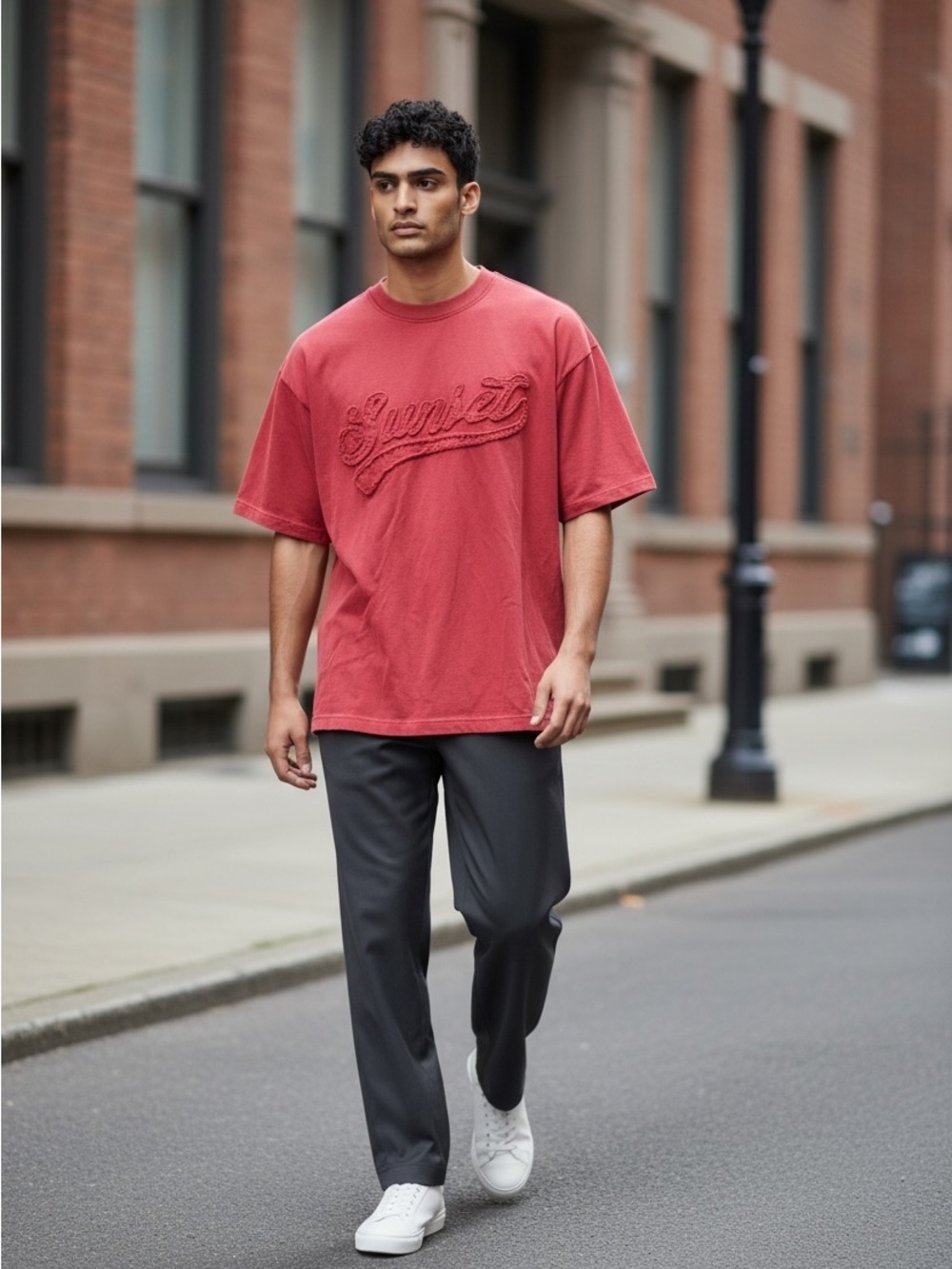 Mens H&M Red Embroidered Graphic Tee